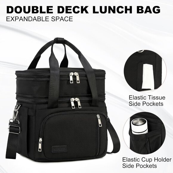 Double Deck Insulated Lunch Box for Men & Women, Leakproof Tote Cooler (Black) - Picture 6 of 7